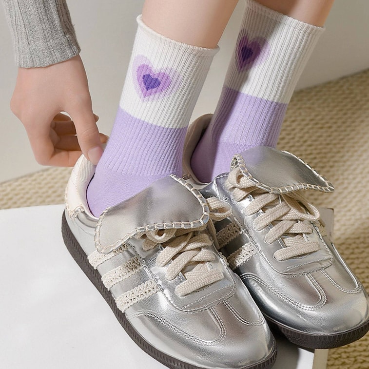 [중국 직배송] HSPM 일본 스타일 만화 보라색 귀여운 곰 무릎 위 양말 - 구름 + 곰 + 하트 줄무늬 + 파도 - 1세트 3