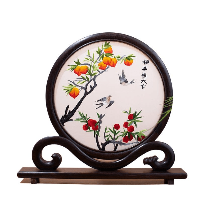 【中国直邮】 全程锦绣 手工双面苏绣摆饰 鸡翅木底座居家摆饰 桃李满天下 26*29cm