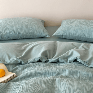 [中国直送] Lullabuy Wooden Language 100%コットン ジャカード ツリーテクスチャ 寝具4点セット (シーツ1枚 + 掛け布団カバー1枚 + 枕カバー2枚) キングサイズ ミスティレイクブルー