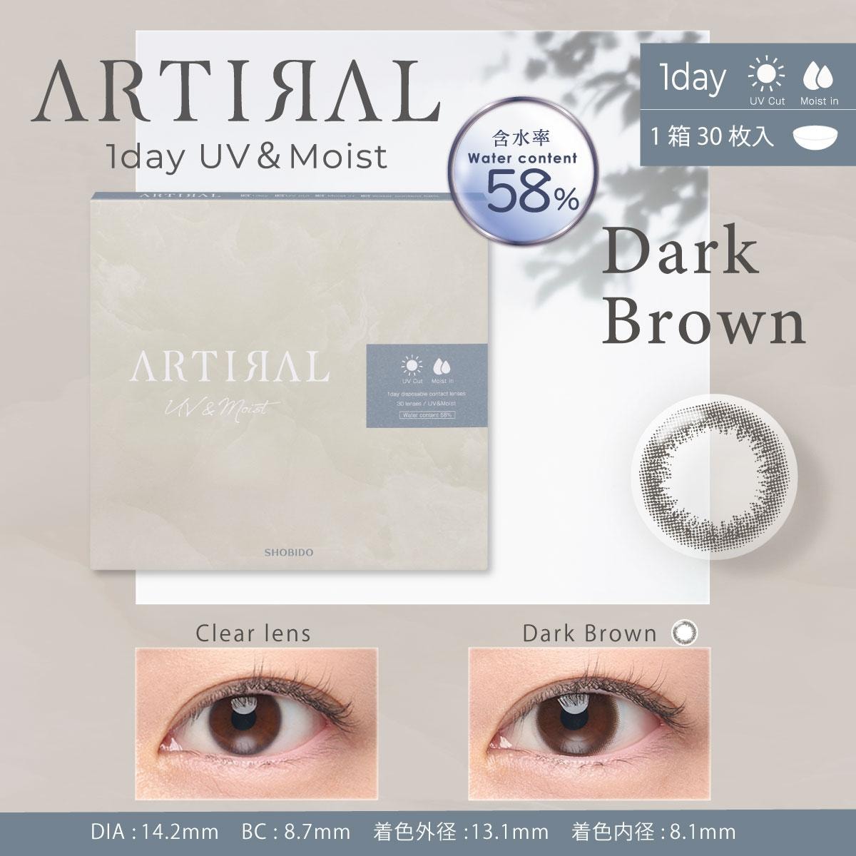【日本美瞳/日本直邮】 日本 ARTIRAL UVM 日抛美瞳 抗UV 高含水58%  Black 「黑色系」30片装 度数 -3.75(375)预定3-5天 DIA:14.2mm   BC:8.7mm