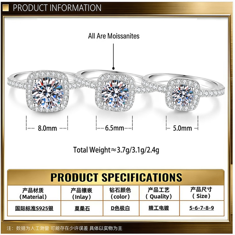 Cushion‑Cut Ring 8MM Zircon US Size 6 1 Piece S925 Sterling Silver Ring High‑Brilliance Center Stone With Halo Paved Setting 7