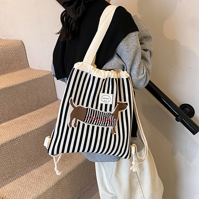 New Tote Bag Striped Drawstring Backpack Large Capacity Handheld Knitted Shoulder Bag Striped Sausage Dog