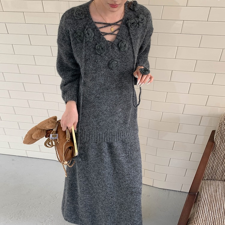 knitted dress sets korea style Korean 3D Floral Lace Up Sweater And Skirt Set Dark Gray M 1 Set sage green ruffle bridesmaid dress