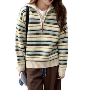 [중국 직배송] HSPM 릴렉스 스타일 하프집 스트라이프 니트 스웨터, 베이지, 사이즈 M, 1개