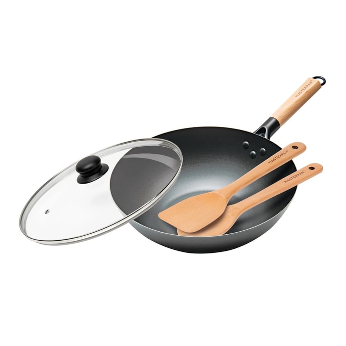 Nonstick Carbon Steel Wok with Glass Lid and Wooden Utensils 12-inch (30cm)