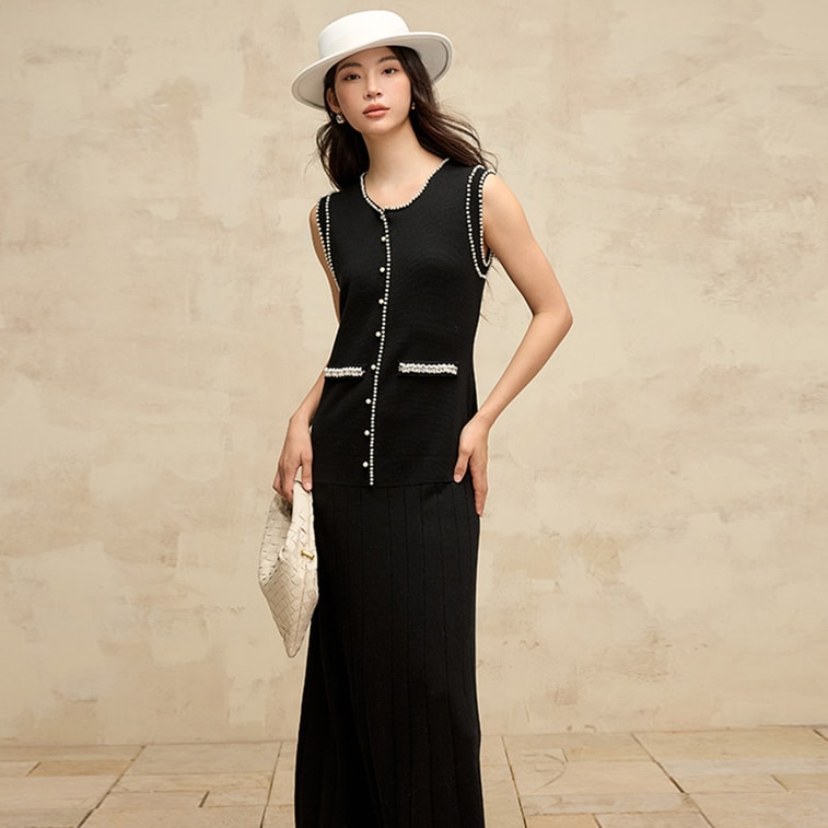 New Heavy Industry Dingzhu Xiaoxiangfeng Knitted Dress Sleeveless Vest Skirt Black  M 5