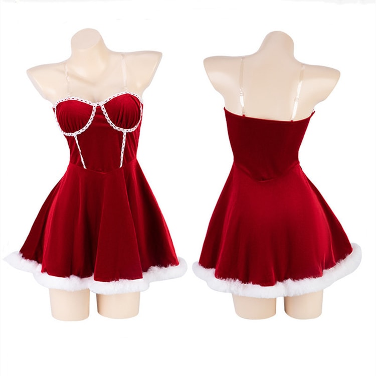 Funny Lingerie Sexy Bra Plush Suspender Nightdress Christmas Uniform Red no hair band and stockings