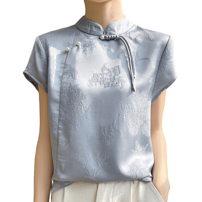 ASIS中國風新中式提花盤扣立領上衣T卹女-藍色 M