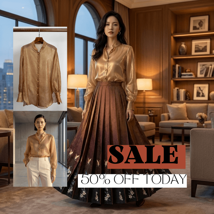 Champagne Mulberry Silk Jacquard Chinese Blouse – Lantern Sleeve Long-Sleeve Shirt With Pearl Buttons L Size