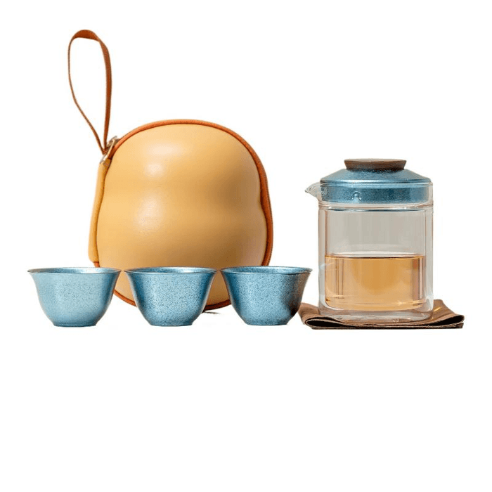 【中国直邮】 一品仟堂 纯钛旅行茶具钛杯套装便携快客杯 直身浅蓝 一壶三杯 壶245毫升