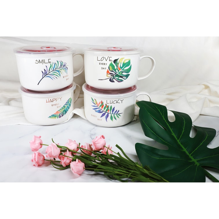 GINKGOHOME Microwavable Ceramic Noodle Bowl with Handle and Seal Fine Porcelain Green Leaf Design - Leaf 4 24oz 4