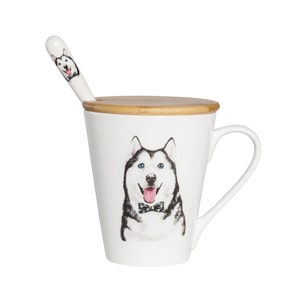 페토라마 세라믹 반려동물 초상화 프린트 물병 + 대나무 뚜껑 + 세라믹 손잡이 스테인리스 스틸 스푼 세트 - 허스키