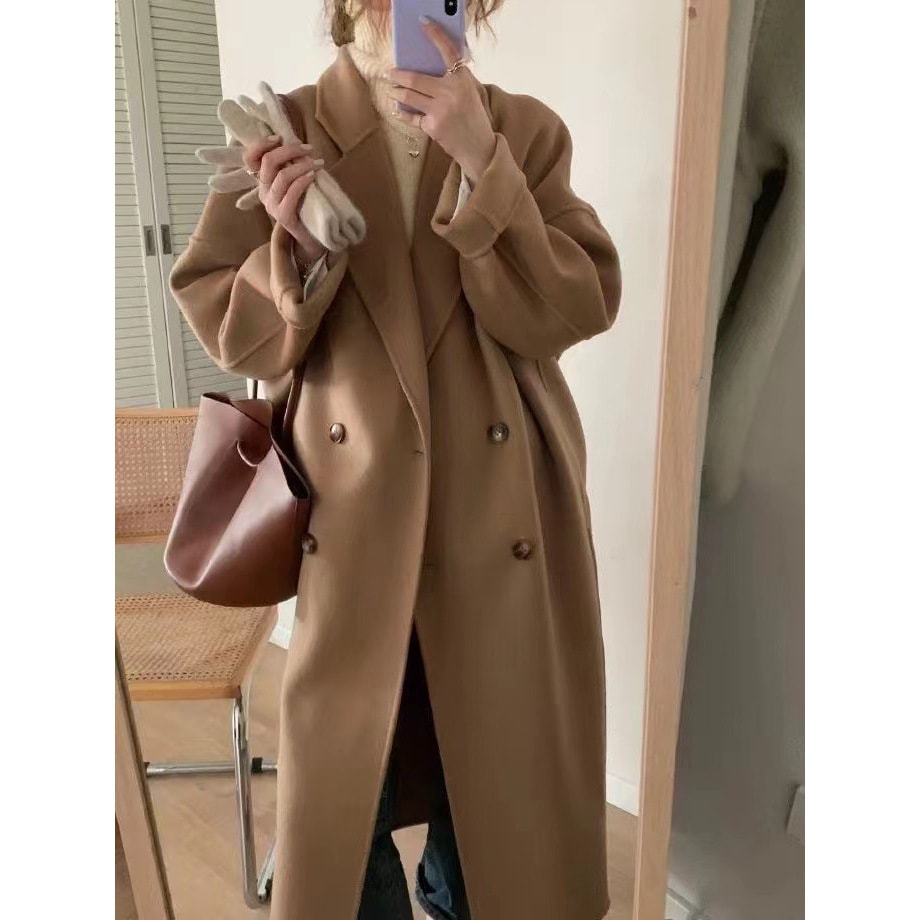 Winter long double-sided wool coat Korean loose tweed jacket camel
