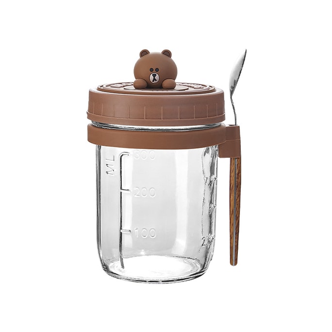 【中國直郵】LINE FRIENDS 便攜水杯隔夜燕麥杯帶蓋勺刻度牛奶杯早餐優格玻璃杯 BROWN款