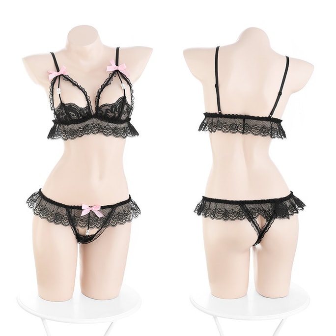 Erotic lingerie sexy lace three-point uniform temptation set one size - black