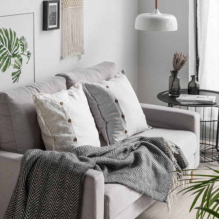 述物椰壳扣亚麻抱枕靠垫家用沙发客厅简约北欧靠枕床头抱枕套-米白 3