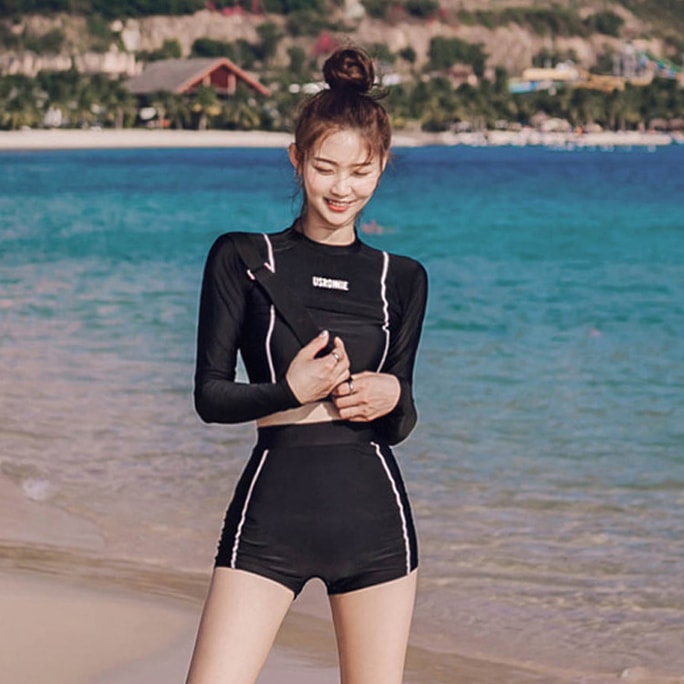 Sunscreen Long Sleeve High Waist Swimsuit M Size Black