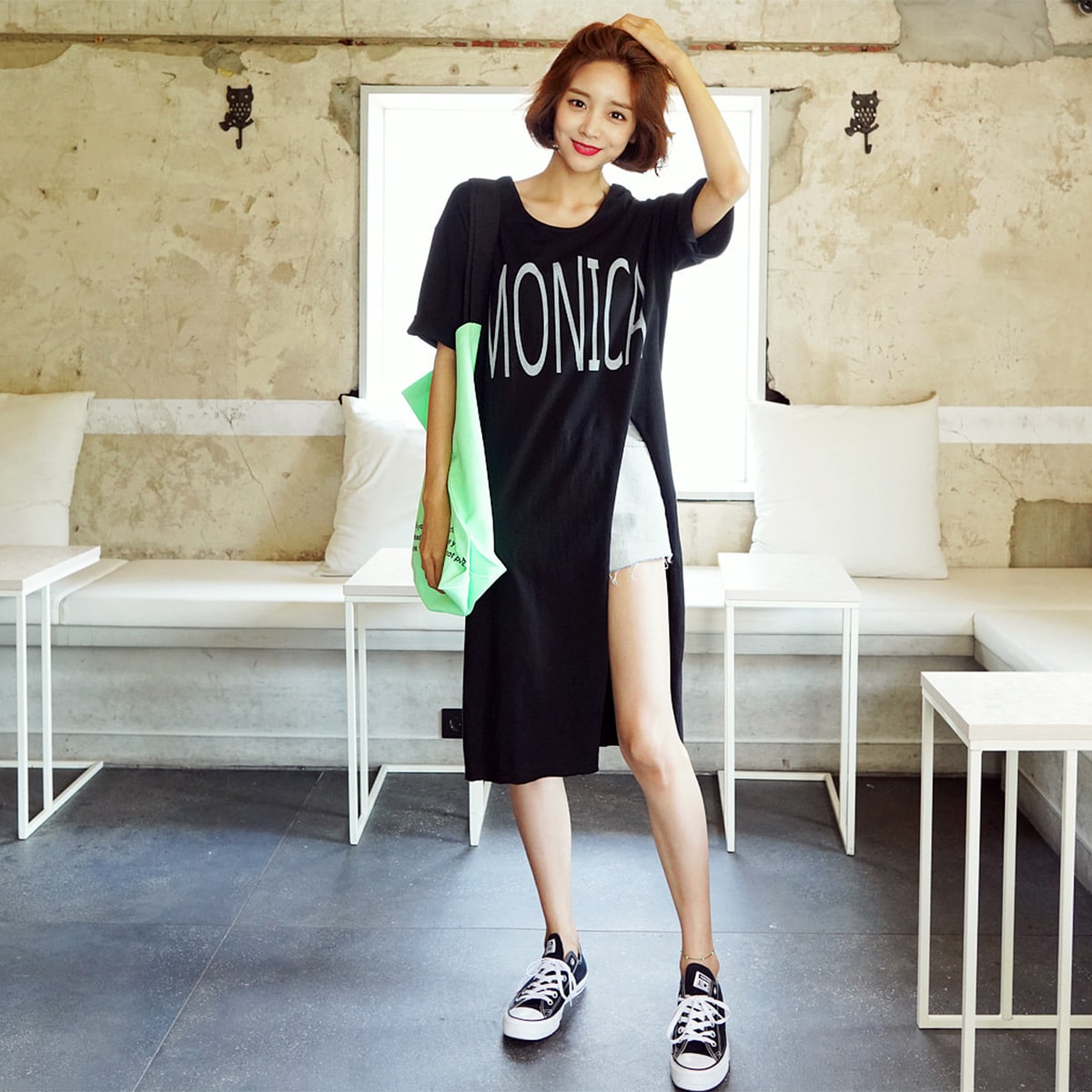 WINGS Side-Slit Midi Tunic T-Shirt #Black One Size(Free) - Yami.com