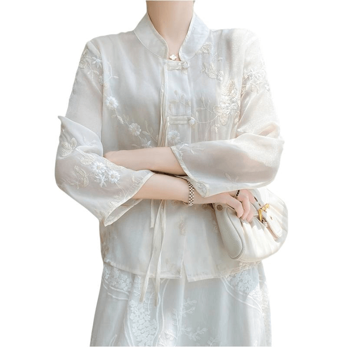 Chinese Style Vintage Retro Button Embroidered Stand Collar Tang Suit Blouse White M