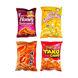 Nongshim Top Snack Selection Pack,Shrimp Crackers + Banana Crisps + Honey Twist + Tako Chips,4 Packs 9 oz