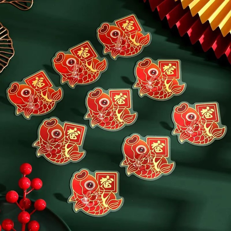 海蓝星 2026马年新年吉祥鱼形福字挂钩 免钉轻松安装 防水防潮 安全牢固 工艺精美 氛围浓郁更喜庆 4个 5