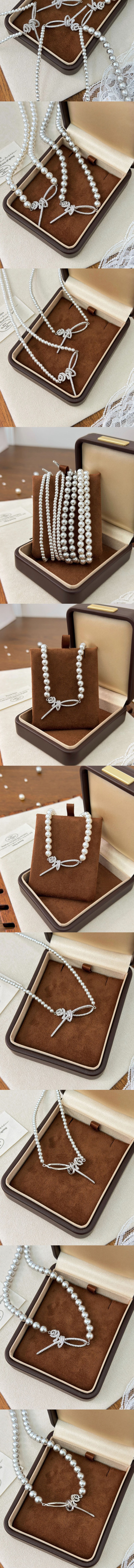 【中國直郵】 HSPM 高級感玫瑰絲帶項鍊輕奢氣質優雅鎖骨鏈施家珍珠項鍊女秋冬配 灰色3mm 1個