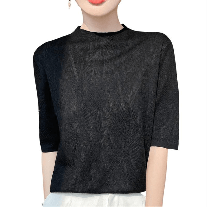 Women Summer Fashion Silk Round Neck Half Sleeves T Shirt Sweaters Black M