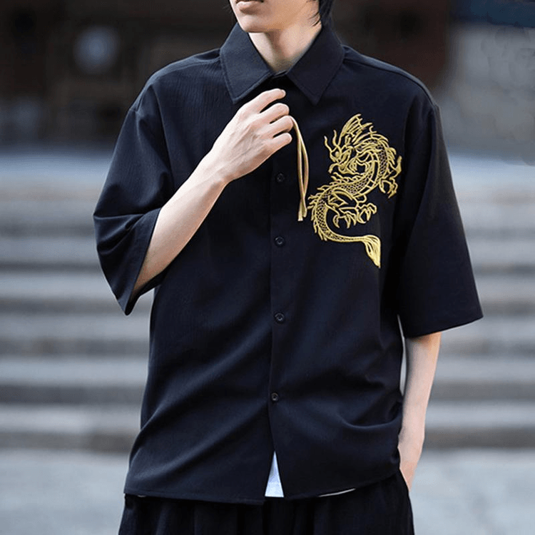 ASIS 新中国風アイスシルクドラゴン刺繍ボタン付きミドルスリーブ唐装