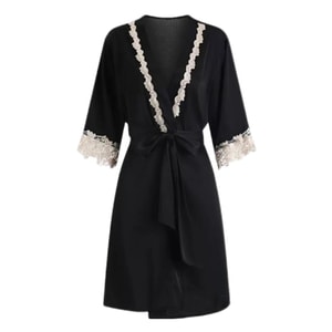 French Lace Floral Embroidery Satin Slip Dress Lingerie Robe Sleepwear Black Mid-Long Size M