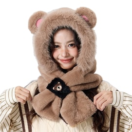 【中國直郵】 HSPM 帽子圍巾二件套 冬季新款毛絨小熊保暖卡通可愛雷鋒帽護耳帽 小熊兩件套-棕色