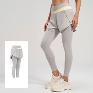 Color-Block High-Stretch Fitness Leggings, Fake Two-Piece Anti-Glare Mesh High-Waisted Yoga Pants With Pockets Rhino Gray S