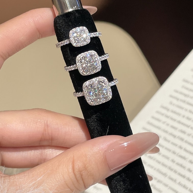 Cushion‑Cut Ring 8MM Zircon US Size 6 1 Piece S925 Sterling Silver Ring High‑Brilliance Center Stone With Halo Paved Setting 8