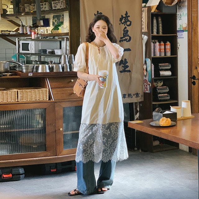 よるいち様 New Lace Patchwork V-neck Loose Slimming Dress Rice Apricot F