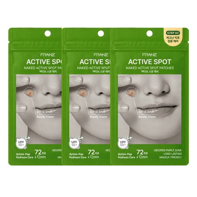 Naked Active 스팟 패치 (패치 72개입)*3 - 터진 부위용 하이드로콜로이드 여드름 패치 (UPF 50+ 및 분비물 흡수 기능 포함)