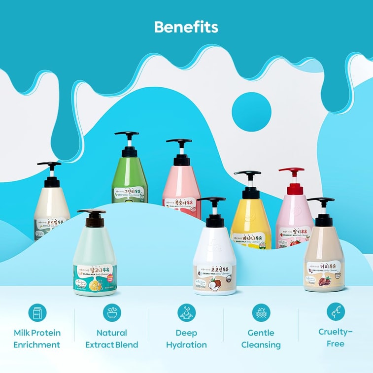 한국산 과일나라 딸기우유 바디로션 & 샤워젤 세트 - 딸기 추출물 함유 한국산 보습 스킨케어 세트 4
