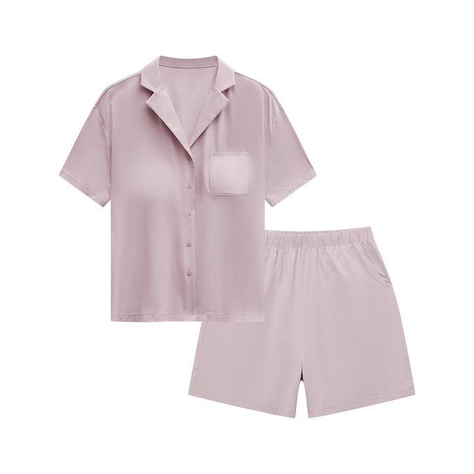 Classic Comfortable Cotton Flap Collar Short Sleeve Shorts Pajamas (With bras)-Pink-S