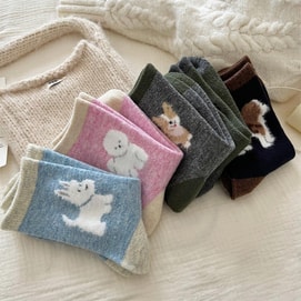 【中國直郵】 HSPM 愛毛茸茸保暖加厚睡眠長襪卡通襪 深藍+綠色+粉紅色+藍色+灰色 F