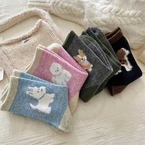 [중국 직배송] HSPM 폭신하고 따뜻한 도톰 수면 양말, 만화 캐릭터 디자인, 진한 파란색 + 녹색 + 핑크색 + 파란색 + 회색 (F)