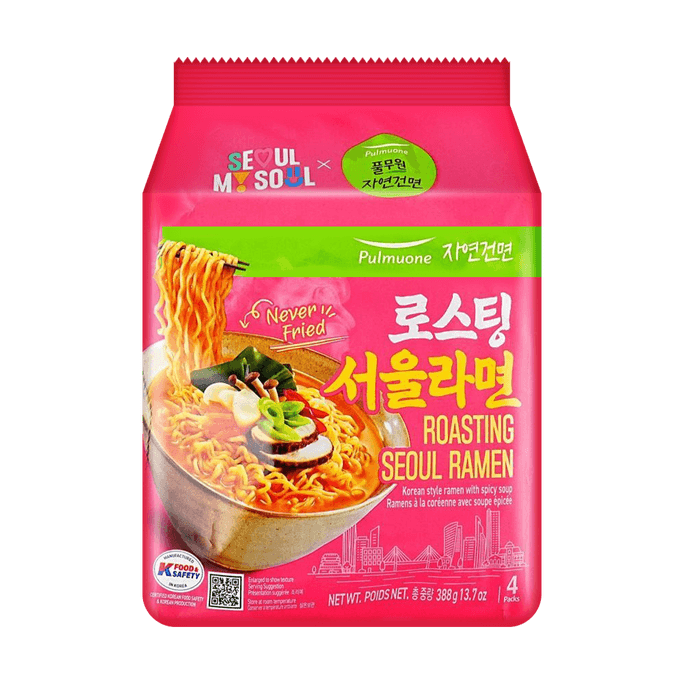 Seoul My Soul Ramyeon - Roasting Seoul Ramen , Korean Style Ramen With Spicy Soup , 4 Packs , 13.7 oz 【Never Fried】