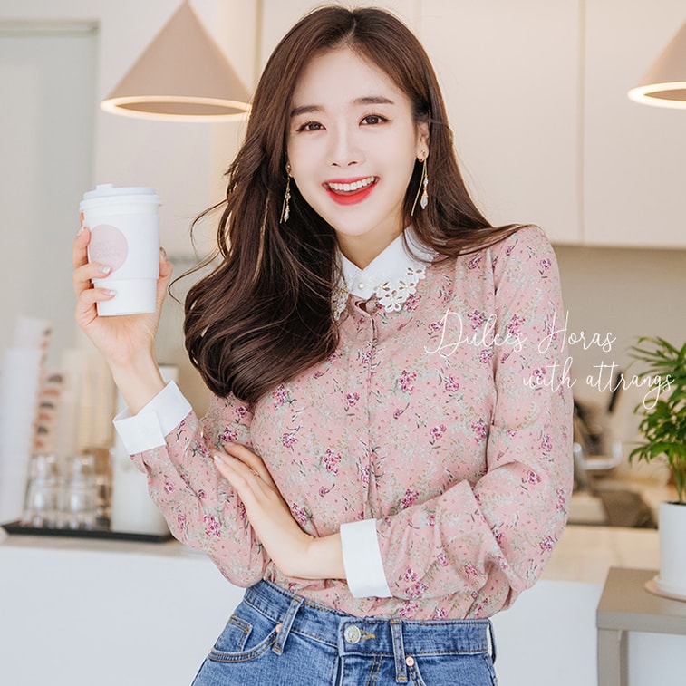 【韩国直邮】ATTRANGS 翻领碎花蕾丝花边衬衫 粉色 均码 4