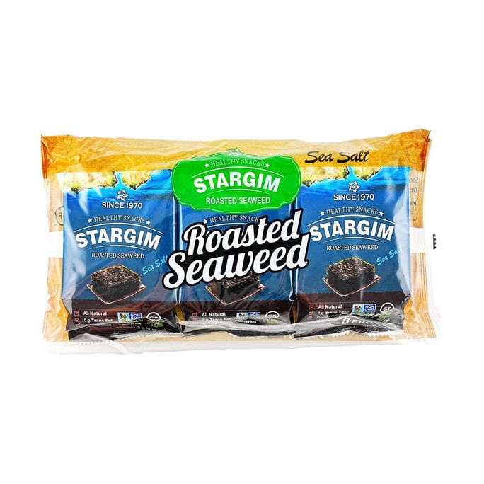 Stargim Roasted Seaweed Snack Sea Salt Flavor,3pc 0.51 oz【Non-GMO, Gluten-Free, 0 Trans Fat】