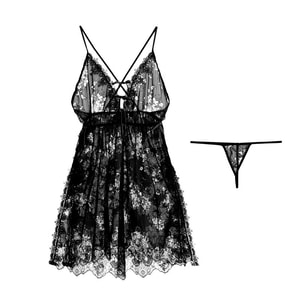 【中國直郵】 瑰若 情趣內衣 蕾絲側邊開衩深V吊帶睡裙 黑色 均碼
