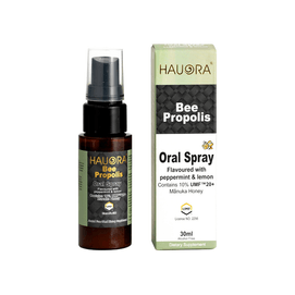 新西兰 HAUORA 蜂胶喉咙喷雾 UMF™ 20+(MGO 827+)麦卢卡蜂蜜 – 天然免疫支持 & 喉咙疼痛即时缓解100% 蜂胶柠檬薄荷口味 – 30ml