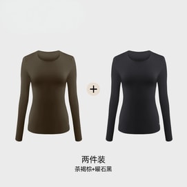【中国直邮】 小野和子 肌底衣 黑色+棕色 S 码  2件  修身打底衫长袖T恤女士秋上新款圆领保暖内搭