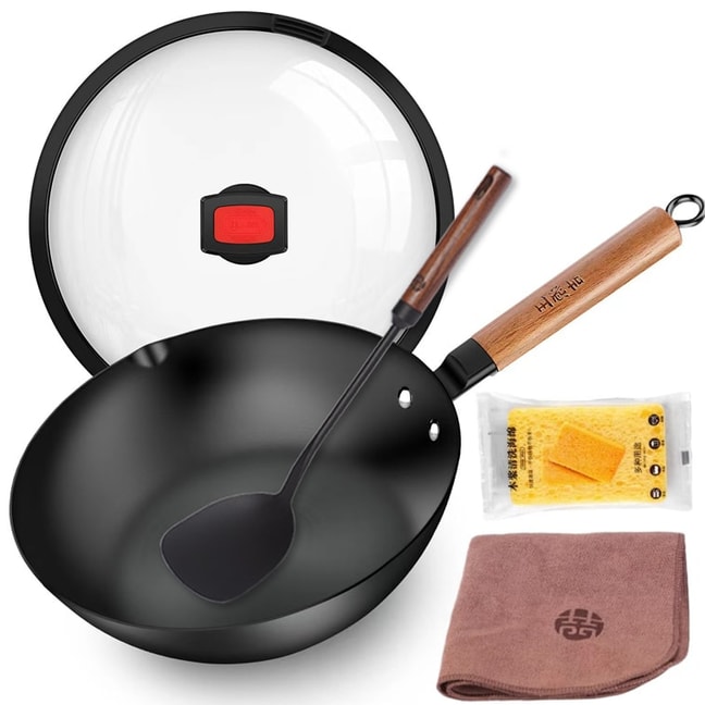 28CM Carbon Steel Wok Flat Bottom Woks And Shovel With Lid No Chemical Coated Wok For All Stoves