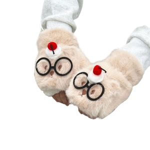 【中国直邮】 HSPM 卡通毛绒半指翻盖手套新款情侣冬季加厚学生骑行防寒保暖棉手套 翻盖手套-卡其眼镜喵F 1个