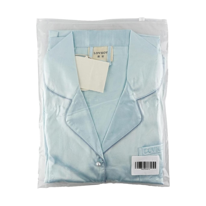 Lu Hao Spring/Autumn Ice Silk Pajamas Solid Color Blue Size L