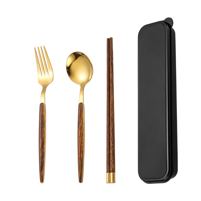 【中国直邮】不锈钢便携餐具 葡萄牙餐勺+餐叉+筷子(金色)