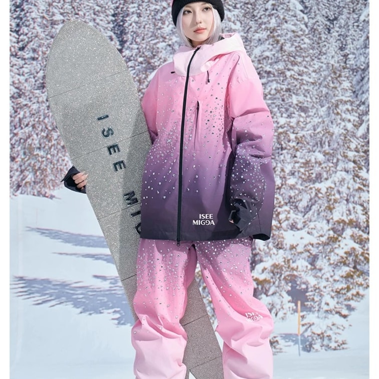 【中国直邮】【黑五大促】 ISEEMIGGA 【海蓝&暗影&玫瑰之迷】滑雪服女24年渐变闪钻男女同款滑雪服套装 粉s 4