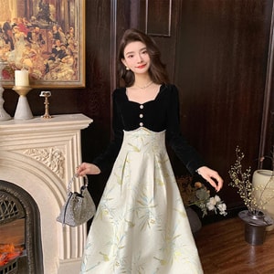 French Black Dress Velvet Patchwork Jacquard Gown Elegant Maxi Dress Bamboo Pattern S